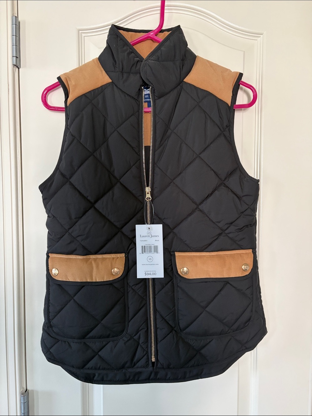Lauren James Black Quilted Vest with caramel corduroy accents